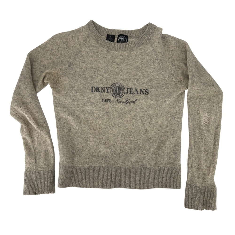 DKNY Jeans Vintage Grey Lambswool Blend Graphic Crewneck Sweater Small